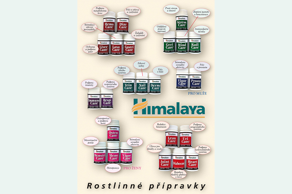 Leták produktů Himalaya - přední strana Přední strana letáku s obrázky produktů Himalaya