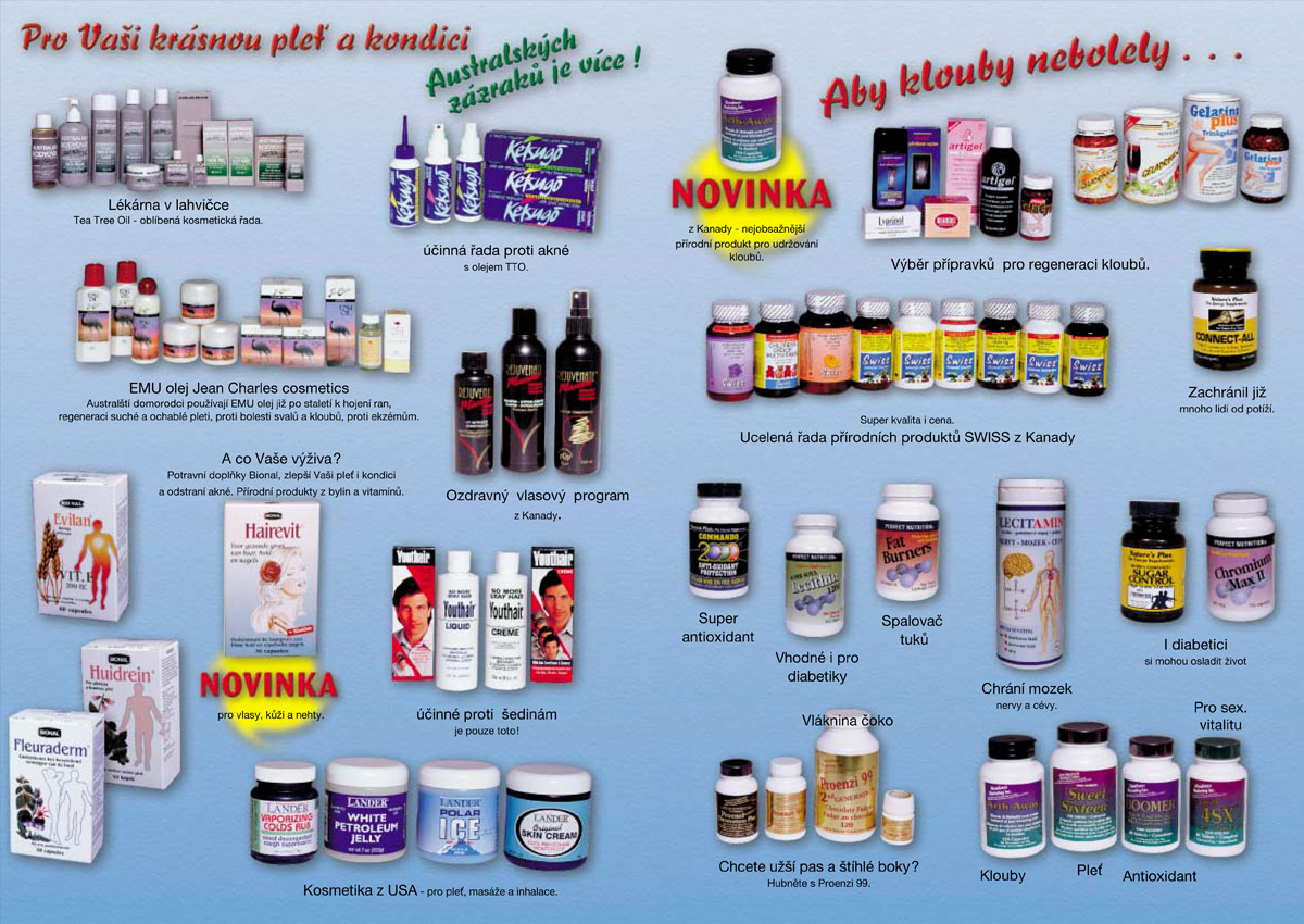 Leták Bionalia - vnitřní dvoustrana s produkty. Vnitřní strana letáku Bionália s produkty, sken, zpracování a tisk