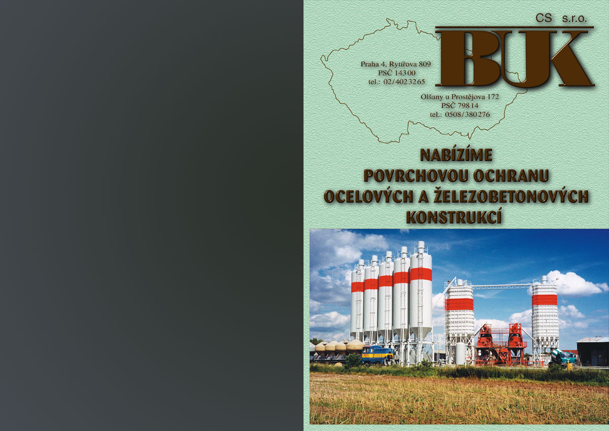 Leták Buk - titulní strana povrchová úprava konstrukcí 'Betonárka Kněževes' Úvodní strana letáku Buk 'Betonárka Kněževes' povrchová úprava konstrukcí, sken, zpracování a tisk