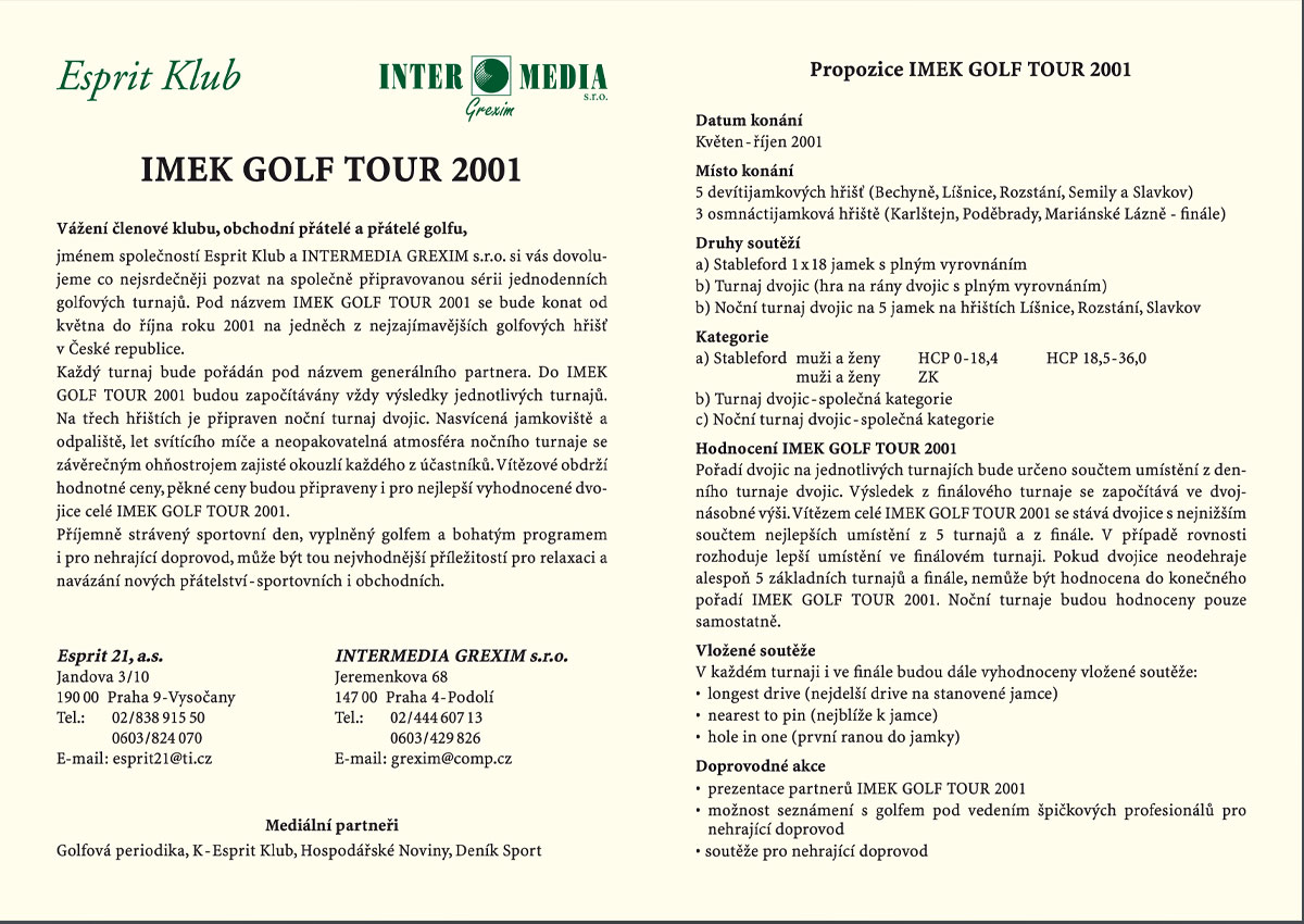 Vnitřní dvojstrana letáku Grexim - IMEK golf tour Leták Grexim 200g - 4/4 - A5 - vnitřní dvojstrana, sken, zpracování a tisk