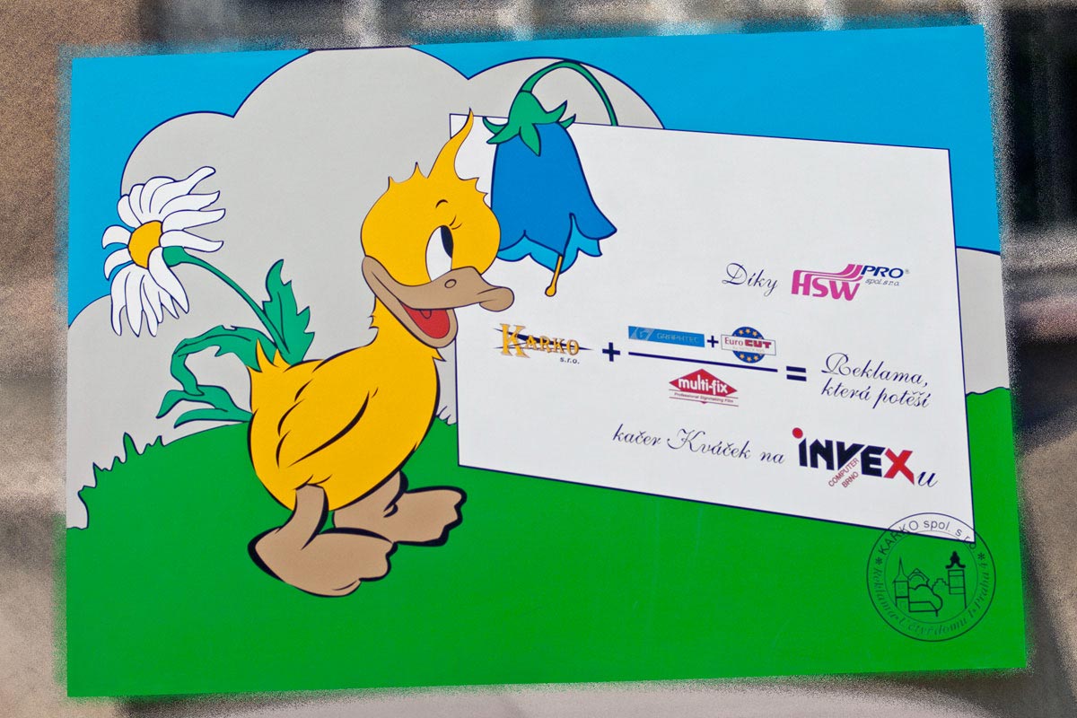 Grafika kačera Kváčka zhotovených ze samolepících folií Grafika 'Kváček' vznikla jako ukázka možností folia Multifid a řezacího plotru. V soutěži na Invexu získala jednu z cen